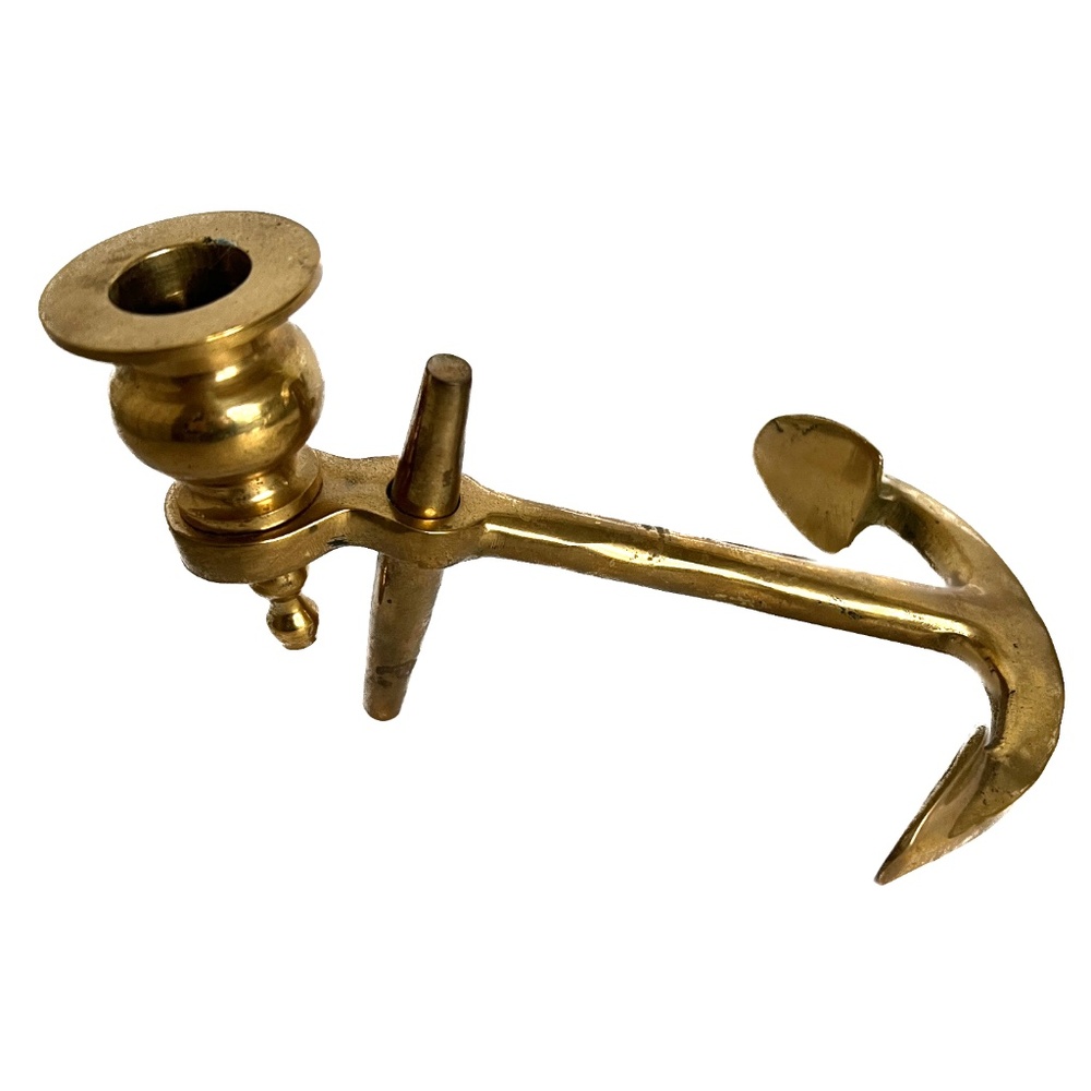 Candle Stick Brass Anchor Heavy Metal Nautical Beach Boat Decor 6" Long Solid